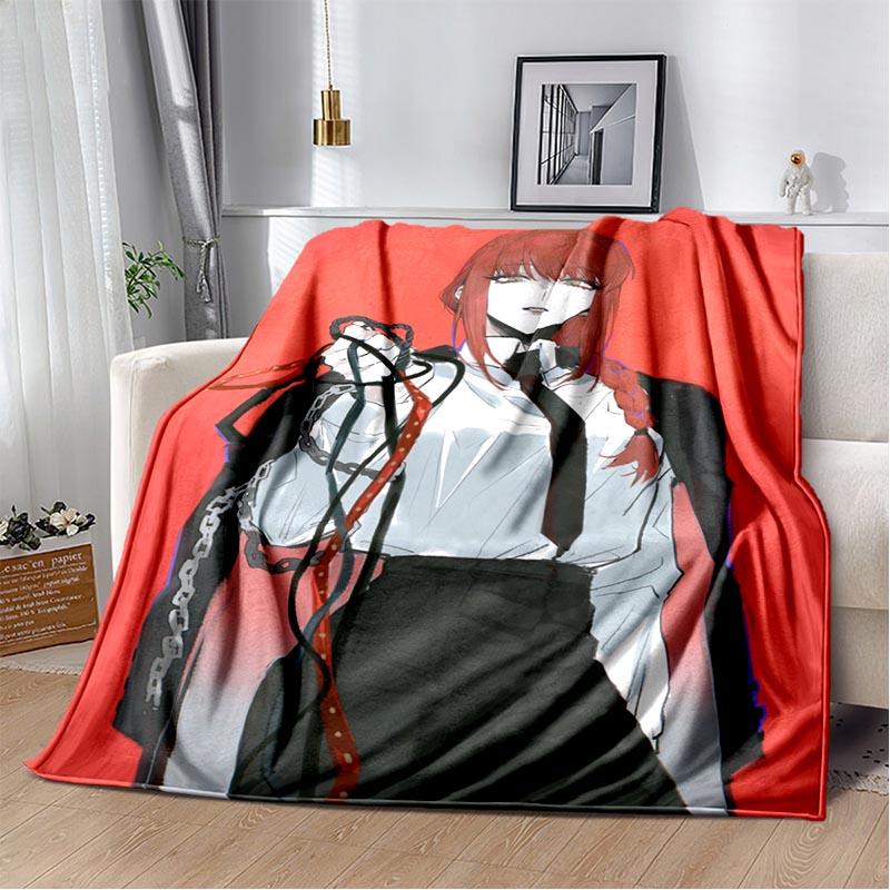 Anime Chainsaw Man Blanket Makima Pochita Power Character Flannel Blanket Comfortable Warm Blanket Gift for Family Friend