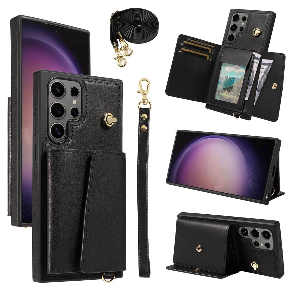 For Samsung Galaxy S24 Ultra Crossbody Phone Case Card Holder Kickstand Leather Coated TPU Mobile Cover