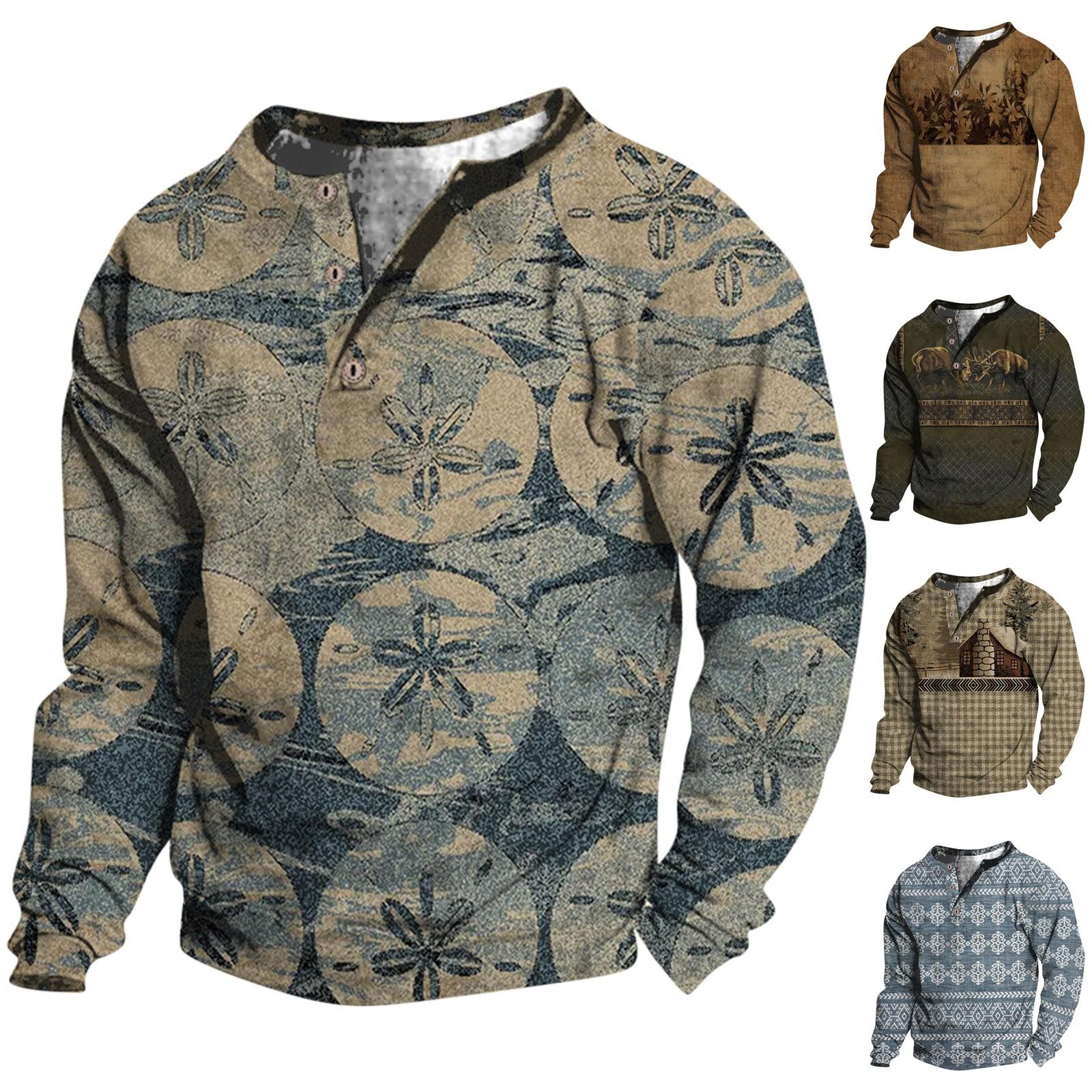 

Мужской свитер с v-образным вырезом и воротником-стойкой с 3D цифровой печатью и винтажным воротником на 3 пуговицах