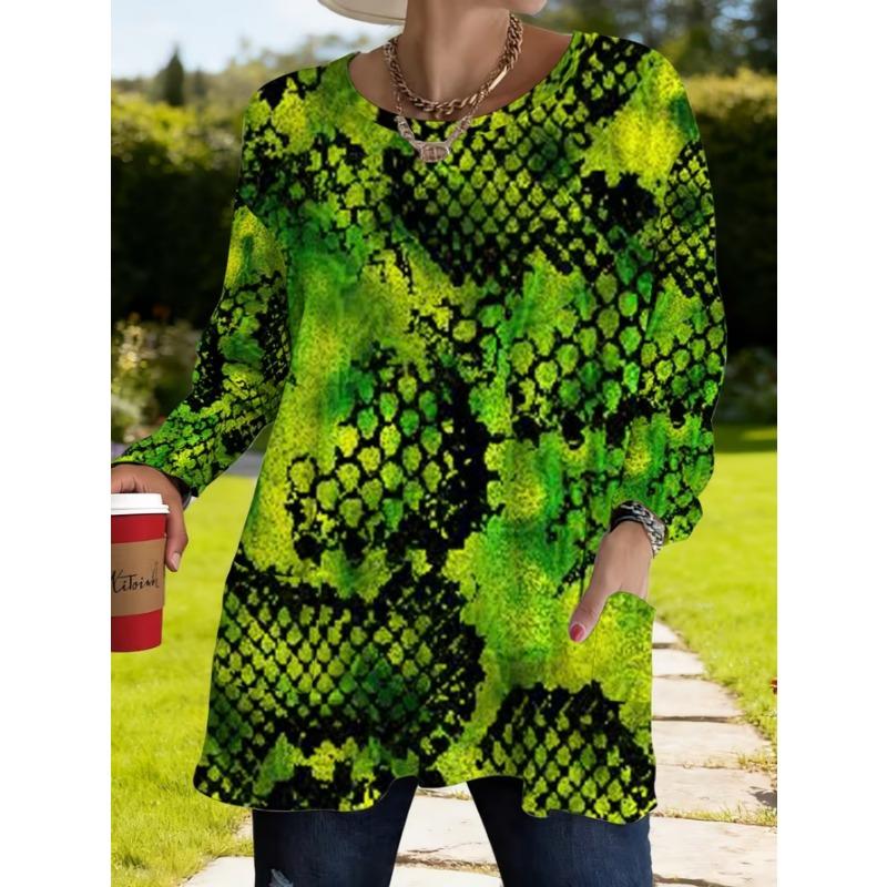 Women's long-sleeved round-neck T-shirt, suitable for spring, autumn and winter seasons. It has pockets and print designs. machine washable.