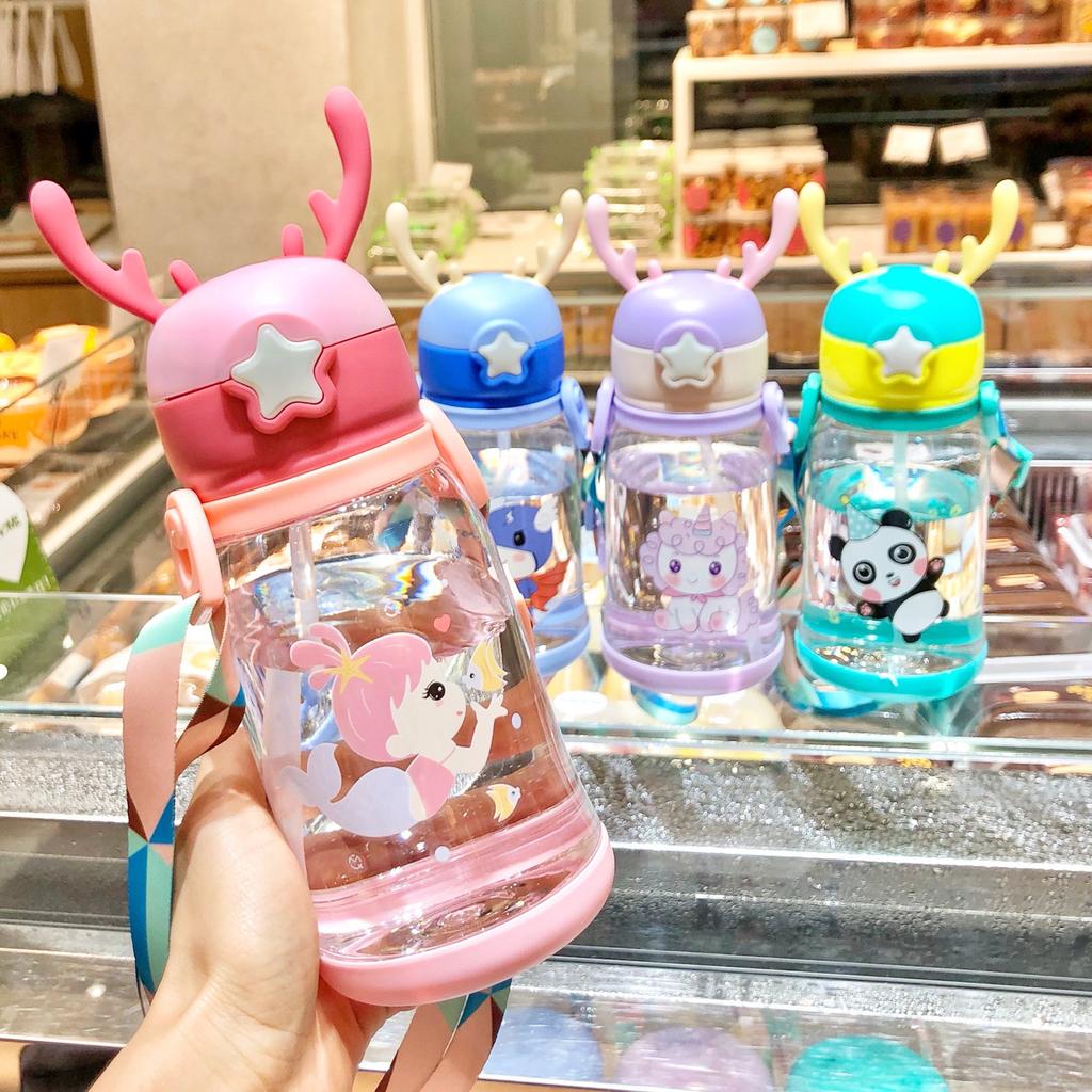 Large Capacity Kids Water Bottle for School Children Cartoon Backpack Strap Straw Cup 500ml KTY