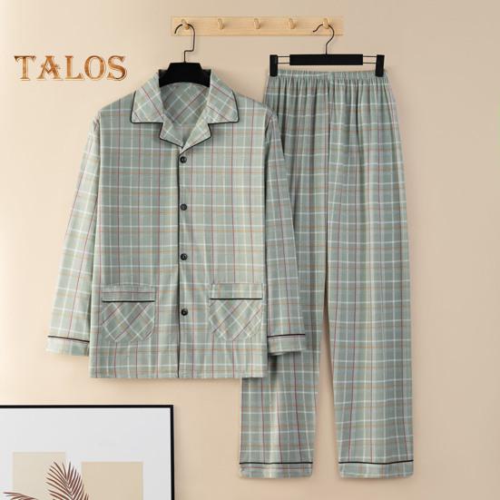 Pajamas Men Plaid Set 2pcsset Print Lapel Long Sleeve Single Breasted Shirt Elastic Waist Long Pants Set Loose Fit Loungewear Suit