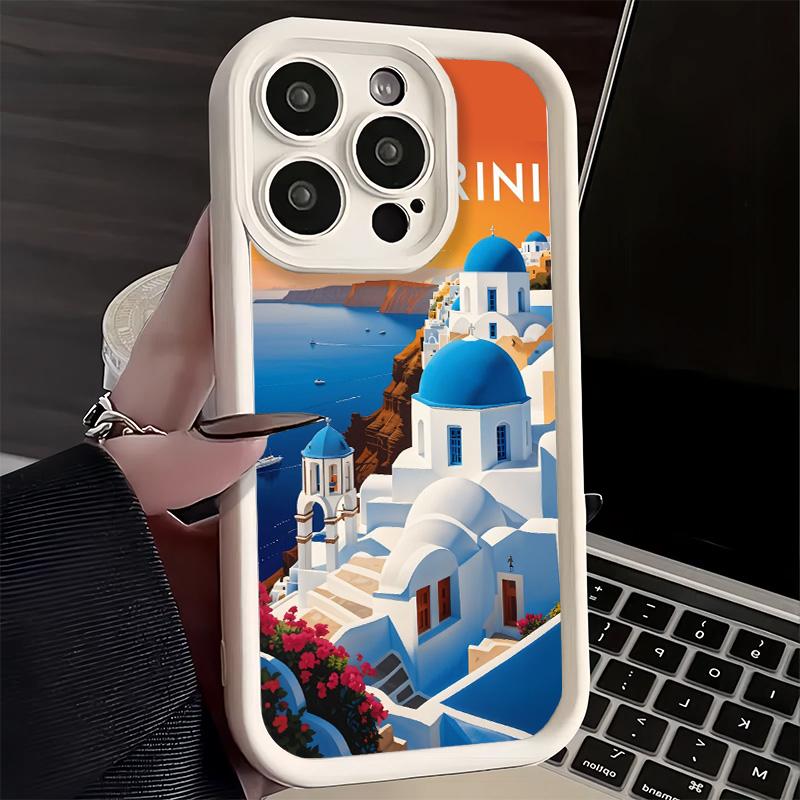 Phone Case for iPhone 17 Air 16E 15 16 Pro Max Santorini Greece Summer Cover 14 Plus 13 12 Mini Soft Shell Silicone Fundas
