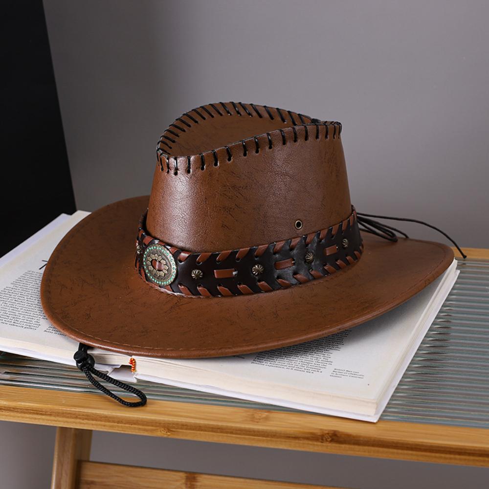 Pu Leather Cowboy Hat Lightweight Vintage Fedora Hat Wide Brim Sun Hat Adjustable For Themed Parties Hiking Music Festivals