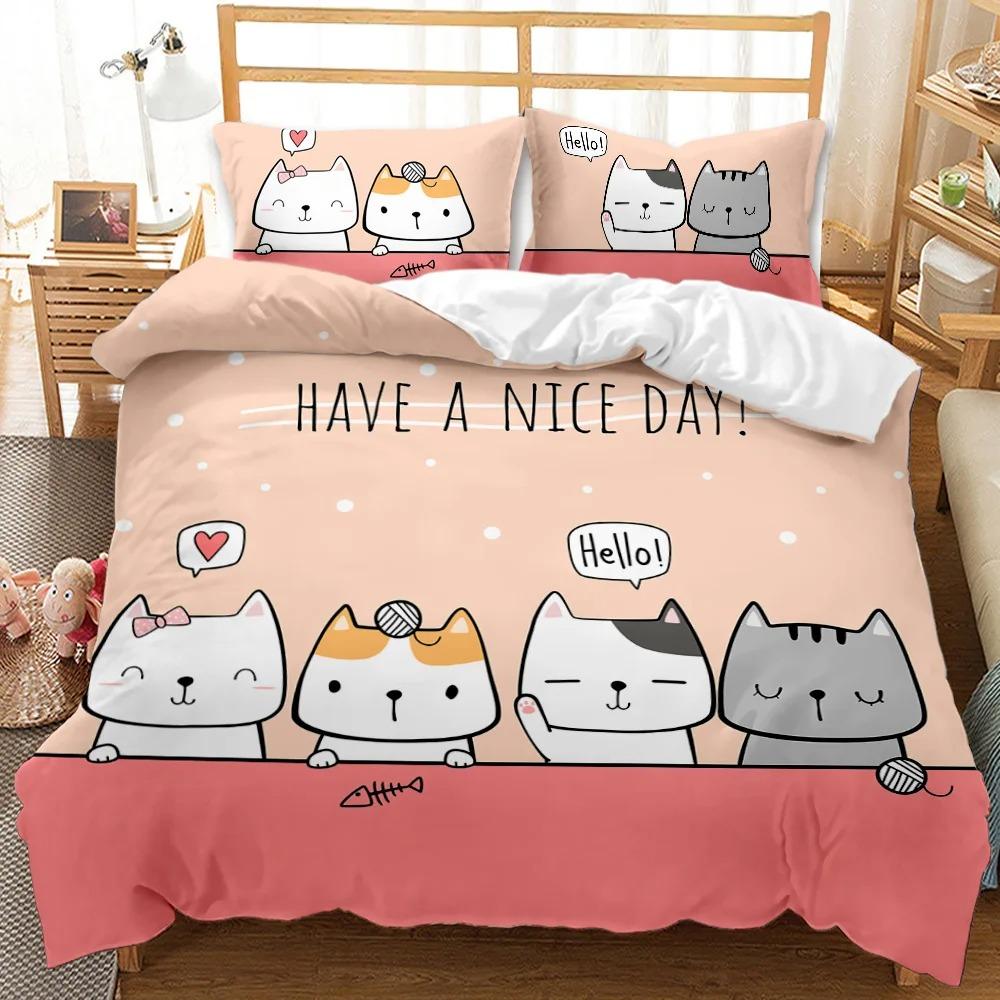 Kids Cat Duvet Cover Queen Size,Cartoon Kitten Sleeping on Crescent Moon Stars Night Dreams Polyester Comforter Cover for Kids