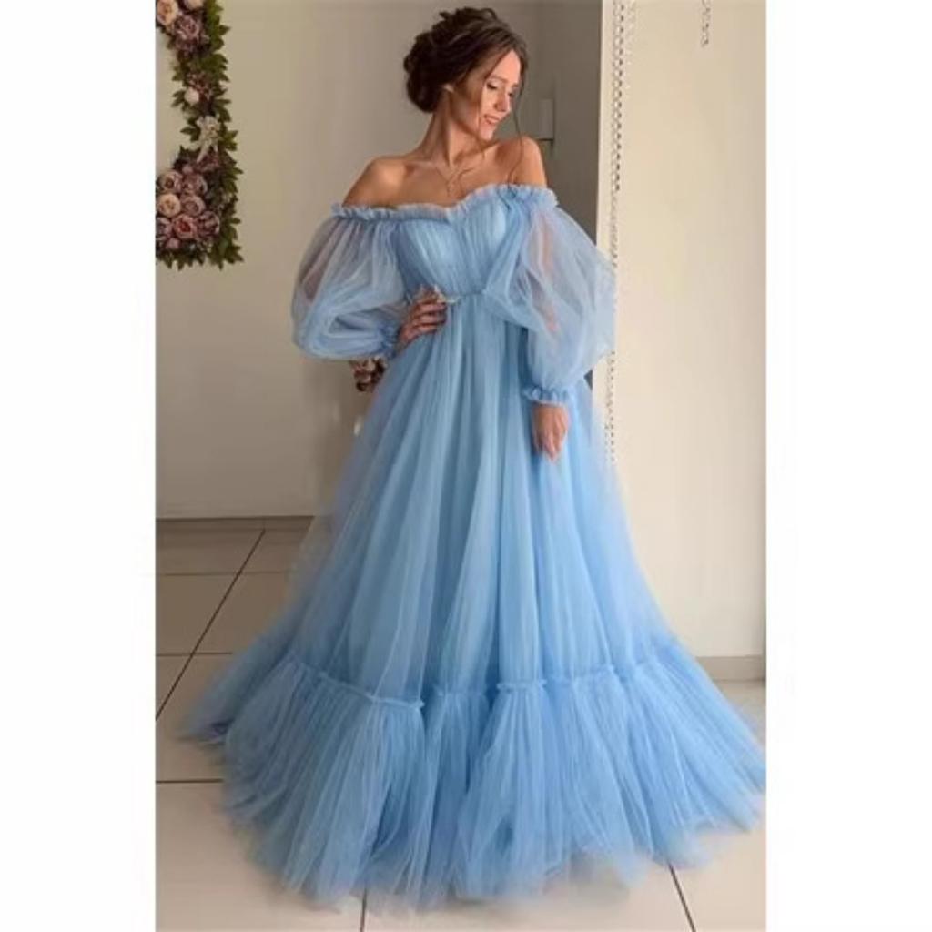 Neues Damen Europäisch-Amerikanischer Stil Schulterfrei Tüll Langarm A-Linie Hochzeitskleid Partykleid