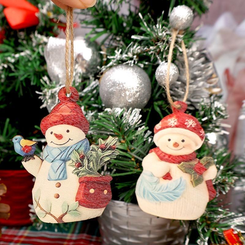 36pcs Wooden Cartoon Snowman Pendents Christmas Ornament 8cm Statue With Lanyard Festive Xmas Tree Home Decoration Set Boxwood