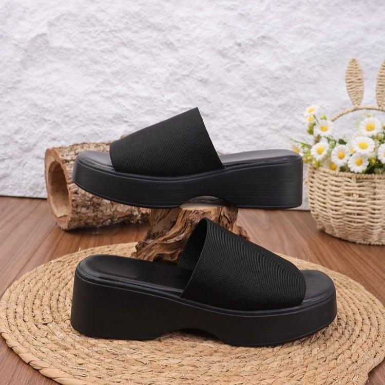 European and American new one-character wedge heel platform slippers platform slippers solid color sandals 36 чёрный