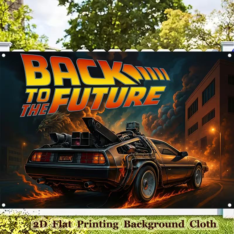 2D Time Machine DeLorean Backdrop, Back to the Future Themed Outdoor Banner 47.2x31.5inch/120*80cm