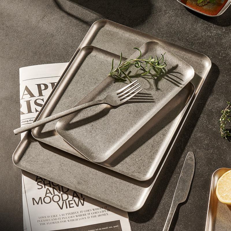 Stainless Steel Vintage Snowflake Silver Square Tray Bread Barbecue Steak Plate Dinner Plate Dessert Dinnerware Decorative Tray