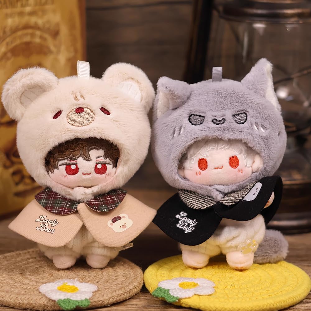 Niannyyhouse Plush Doll Clothing Set (10-15cm) - Hat, Cape, Pants, Wolf Bear Pattern - Plush Doll Dress-Up Accessory (Gray)