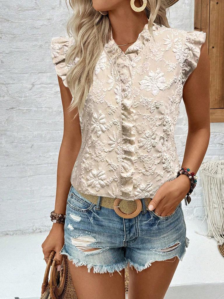 Nuevo Conjunto de Chaleco de Verano para Mujer Camisa de Manga Corta con Volantes de Encaje Floral