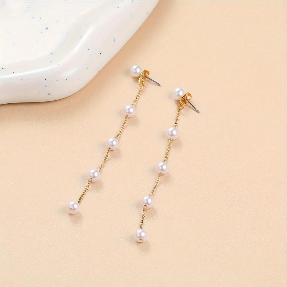 Women Elegant French Vintage Faux Pearl Dangle Earrings, Long Tassel Drop Ear Accessories