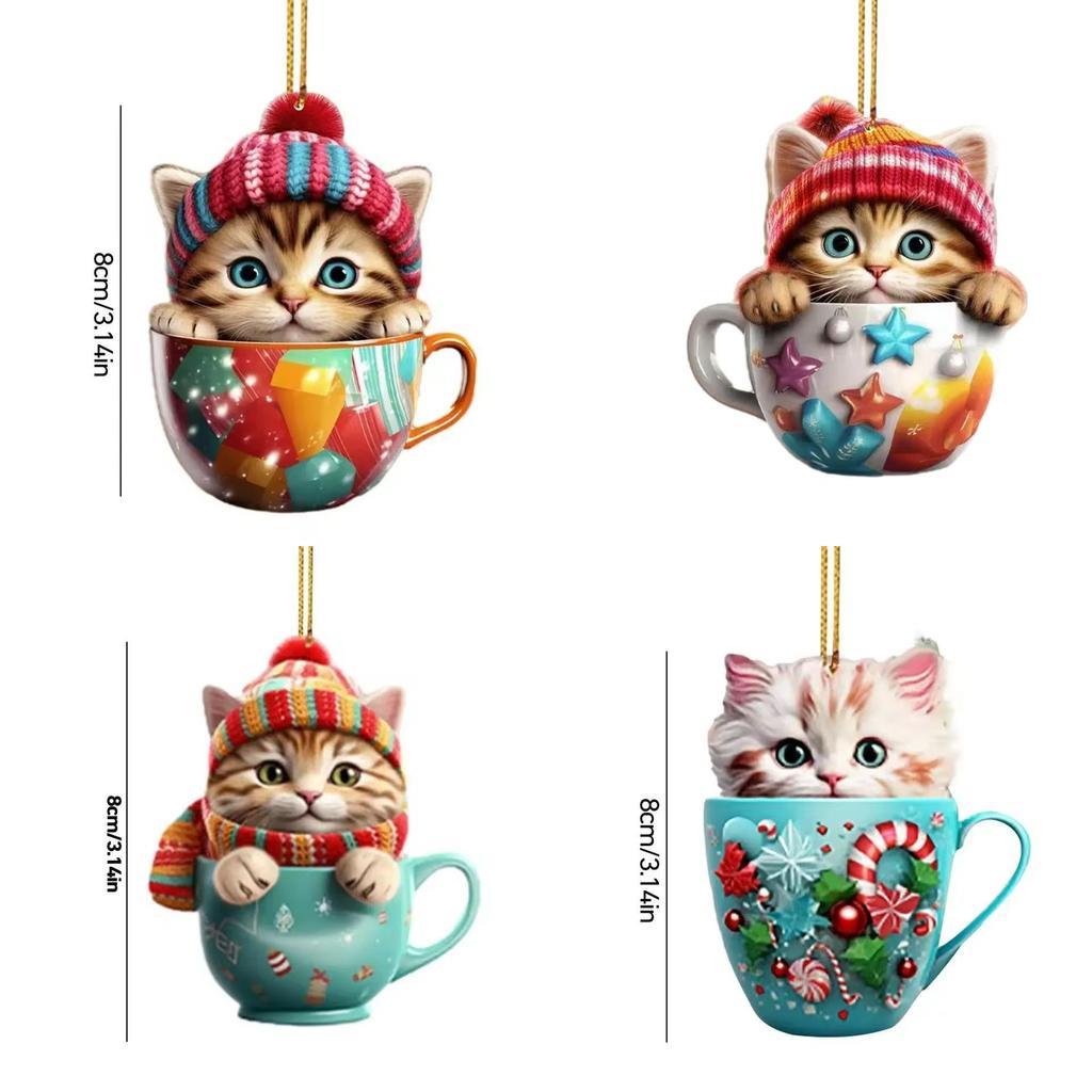 Tea Cute Cartoon Cup Cat Pattern Acrylic Pendant For Christmas Tree Decoration