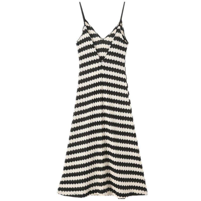 Fashion Wind 2024 New Fall Women's Clothing Sling Vacation Style Stripes Mid Length Long Length Dress 2298626