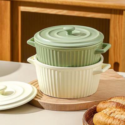 Ceramic Soup Bowl with Two Ears Striped Bowl Ceramic Bowl for Household Use