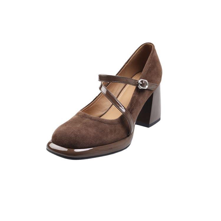 

[youshilai] Square head Mary Jane shoes women s 2025 spring new thick heel cross belt shallow mouth high heels 40