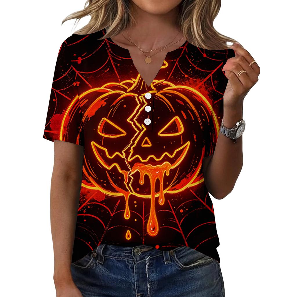 Women's Casual Short Sleeve V Neck Henley Shirt Button Front Halloween Print Lightweight Top for Everyday Wear