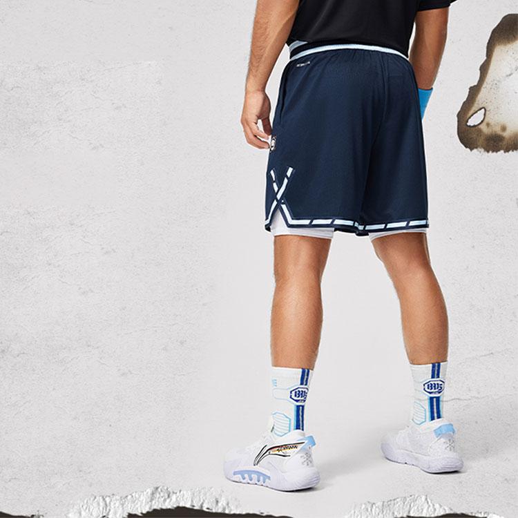 Li Ning Badfive Basketball Series Color Block Letter Mid Waist Drawstring Quick Dry Straight Casual Shorts Men Shorts Deep-Navy-Blue AAPU025-4