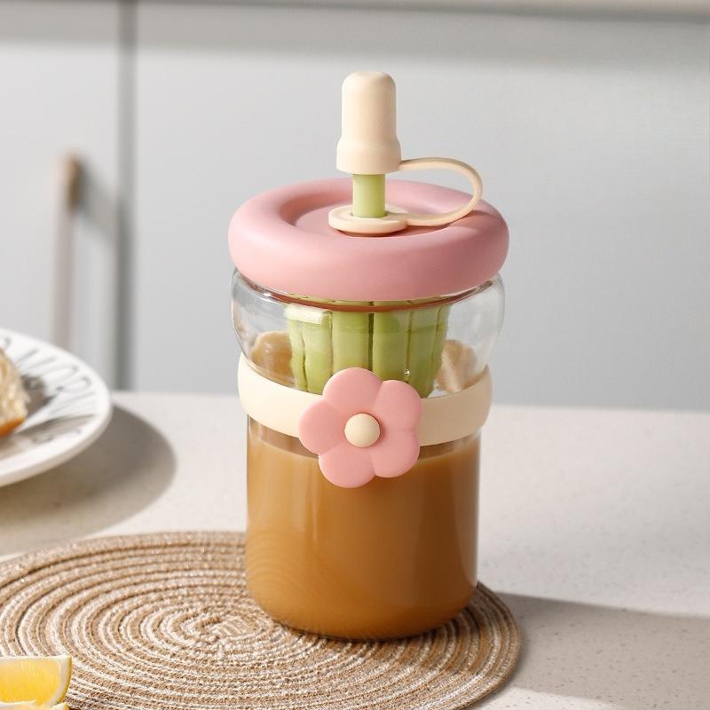 Flower Cup High Aesthetic Glass Portable Straw Cup Water Cup
