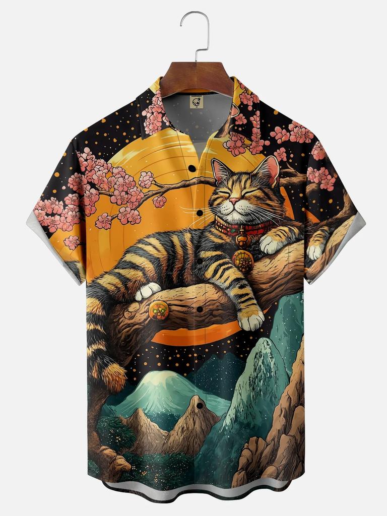 Retro Men's Short Sleeve Shirt Summer New Casual Fun Hawaiian Ukiyoe Kitten Fishing Shark Print Lapel Short Sleeve Shirt