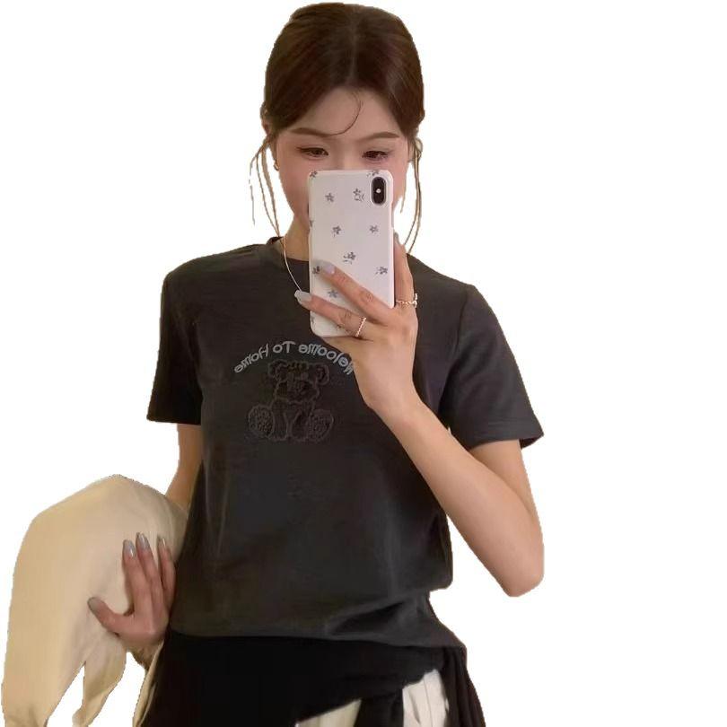 Spring/Summer 2025 Korean Cartoon Bear Embroidered Loose Short Sleeve T-Shirt for Women