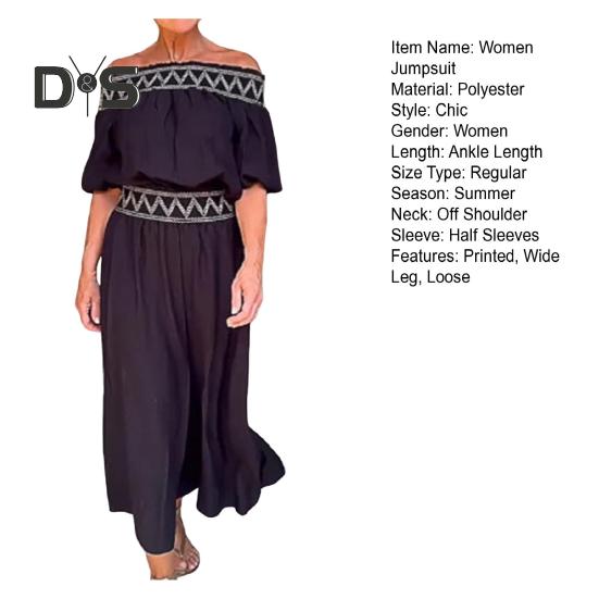 Women Jumpsuit Off Shoulder Wide Leg Printed Elastic Waist Pleated Half Sleeves Solid Color Shopping Dating Commurting Long Jumpsuit