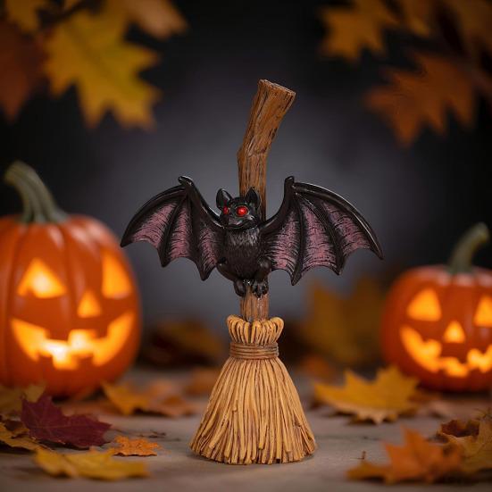 Halloween Broom Bat Figurine Resin Bat with Red Eyes Tabletop Decoration for Indoor Outdoor Home Patio Decor