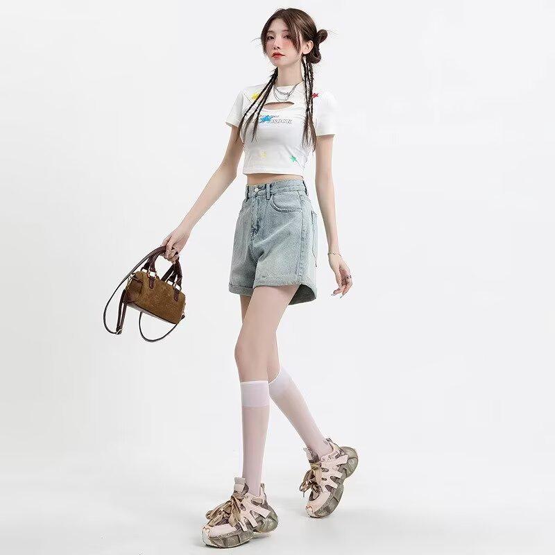 2024 Women's High Waist Slimming Rolled Edge Denim Shorts - Trendy European Style