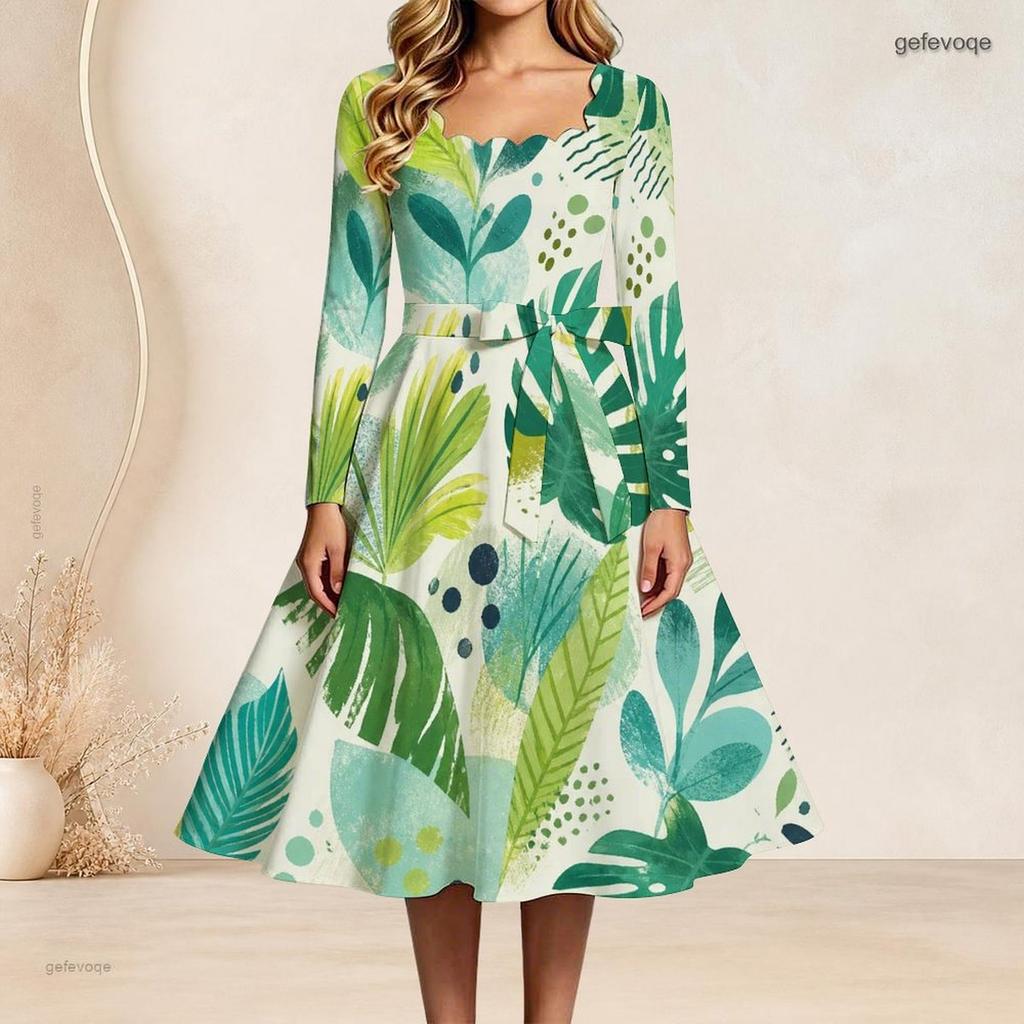 Women Plus Size Square Neck Long Sleeve Blue Green Leaf Printed Tie Waist A Line Flared Dress