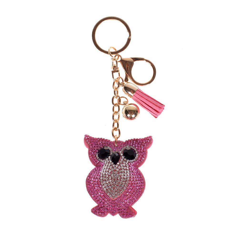 Pink Owl Bird Charm Pendant Rhinestone Crystal Key Ring Chain Gift Accesories