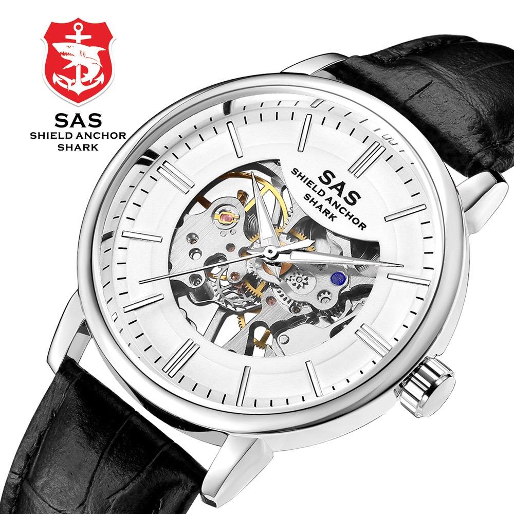 

SAS Shield Anchor Shark Спортивные часы Мужские винтажные механические часы с кожаным ремешком с полым ремешком белый