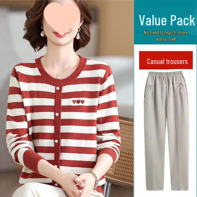 Mom's 2025 Autumn Striped Long-Sleeve Knit Sweater for Middle-Aged & Elderly Women