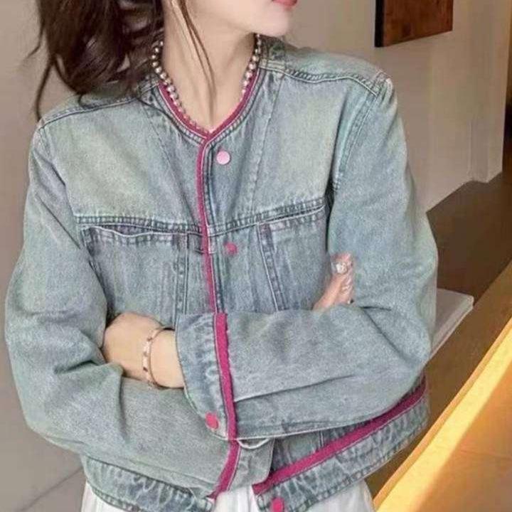 Damen Retro Koreanische Colorblock Denimjacke - 2025 Frühjahr/Herbst Kollektion, Lässige Lockere Passform, Kurze Länge