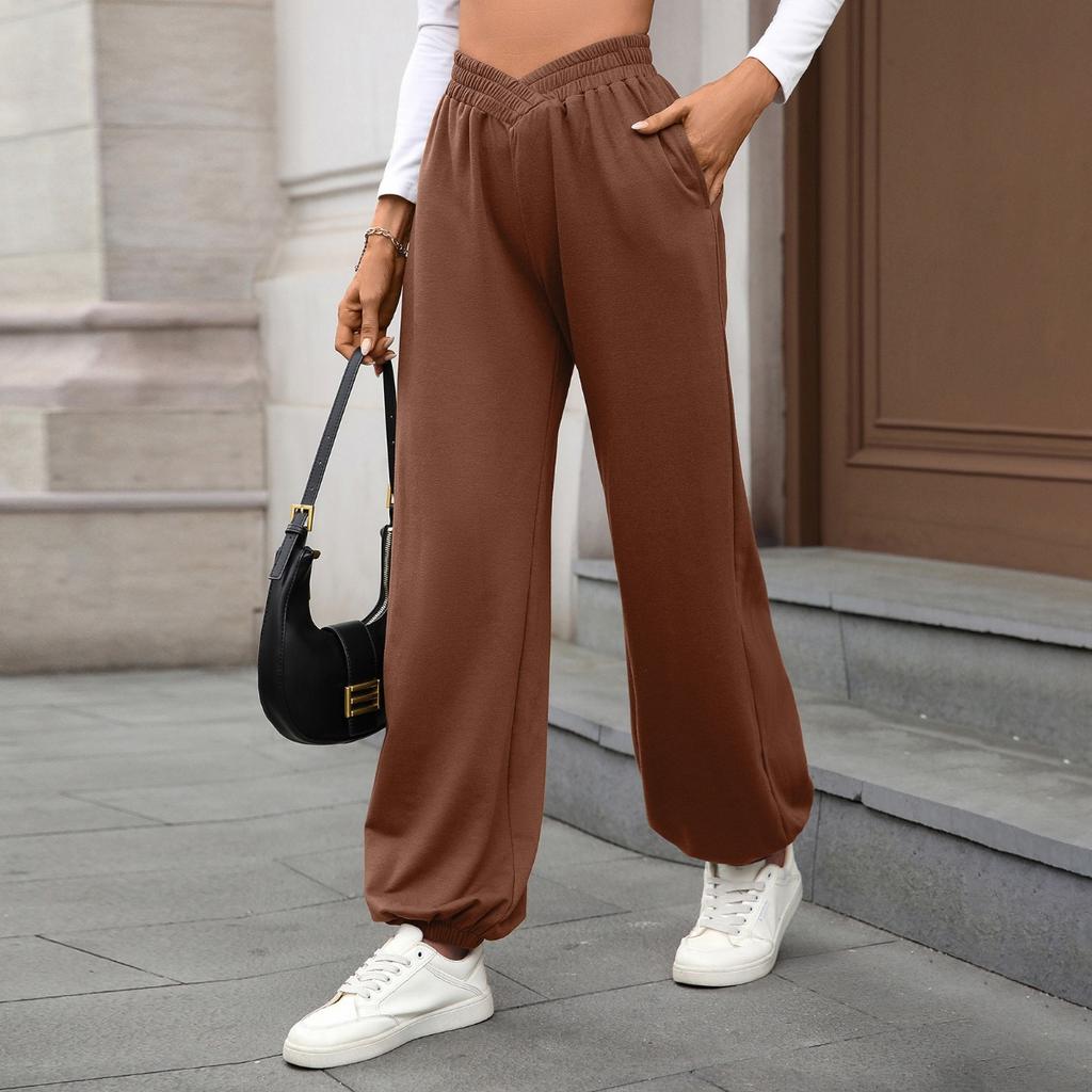 Fall Winter New Women's Elastic Waist Pockets Drawstring Cuffed Loose Casual Trousers
