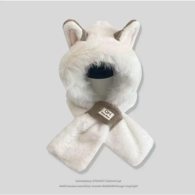 Plush hat scarf integrated women's autumn and winter cute warm ear protection scarf versatile fox ear hat