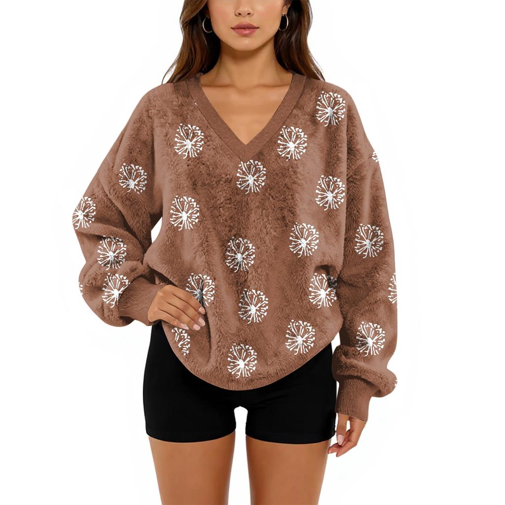 Women's V-Neck Sweatshirt Plush Solid Color Casual Fashion Long Sleeve With Pocketed Pullover Top