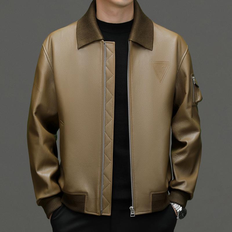 Spring and Autumn new first-layer sheepskin leather leather jacket men's middle-aged collar removable leather jacket casual jacket