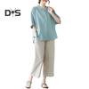 Women's Casual Two-Piece Set 3/4 Sleeve Crew Neck Button Top Wide Leg Pants Set Summer Loose Loungewear Outfit