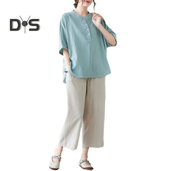 Women's Casual Two-Piece Set 3/4 Sleeve Crew Neck Button Top Wide Leg Pants Set Summer Loose Loungewear Outfit