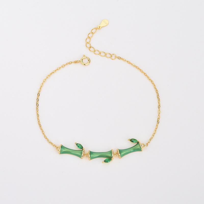 S925 Sterling Silver Korean Style Epoxy Bamboo Bracelet Set with Diamonds Green Zirconia Bamboo Leaf Bracelet