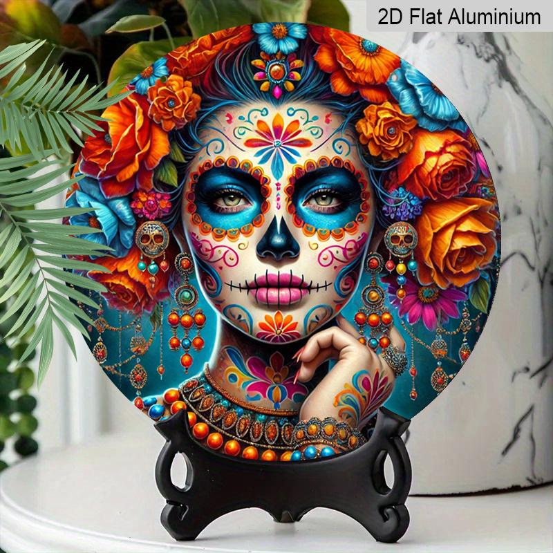 2D Flat 1pc, 8x8 in, Round Aluminum Metal Sign - Skull Design, Themed for Day of The Dead - for Outdoor & Indoor Decoration - Suitable for Spring and