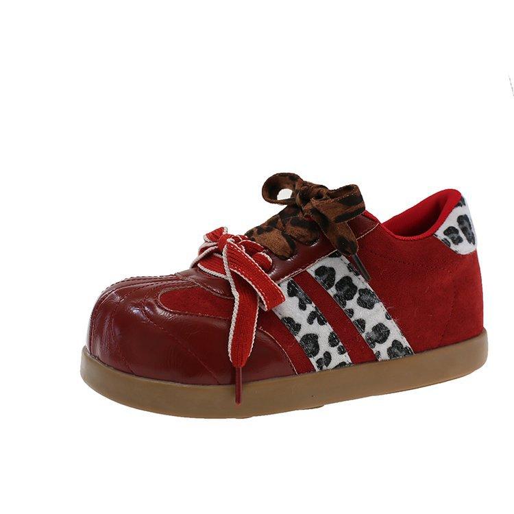 Double Lace-up Women's Shoes Early Autumn Style 2025 Autumn Popular Fashion Inner Height Increase Versatile Leopard Print Casual Moral Training Shoes