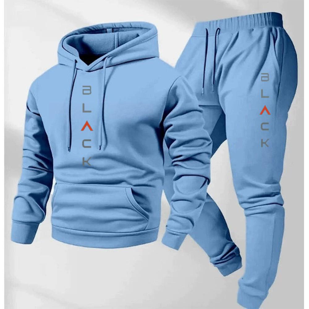 Men's Black Retro Letter Print Two-Piece Jogging Set - Long Sleeve Hoodie & Sweatpants for Winter