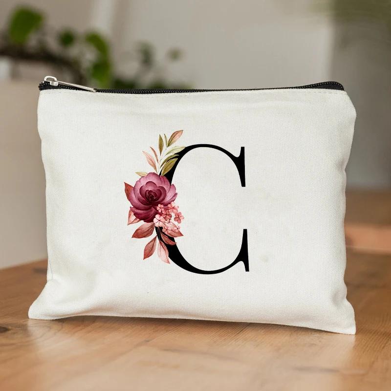 A-Z Alphabet Cosmetic Storage Bag Initial Graduation Gifts for Teacher Flowers Print Toiletry Bag for Bridesmaids Wedding Gifts