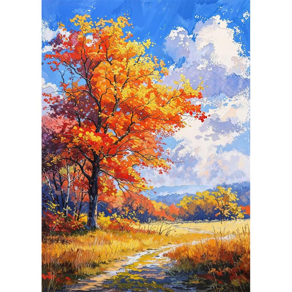 Cabana na Montanha Vista do Vale Caminho de Outono Prado de Verão Floresta de Árvores Nuvem Pôster Pintura em Tela Impressão para Sala de Estar Decoração de Casa