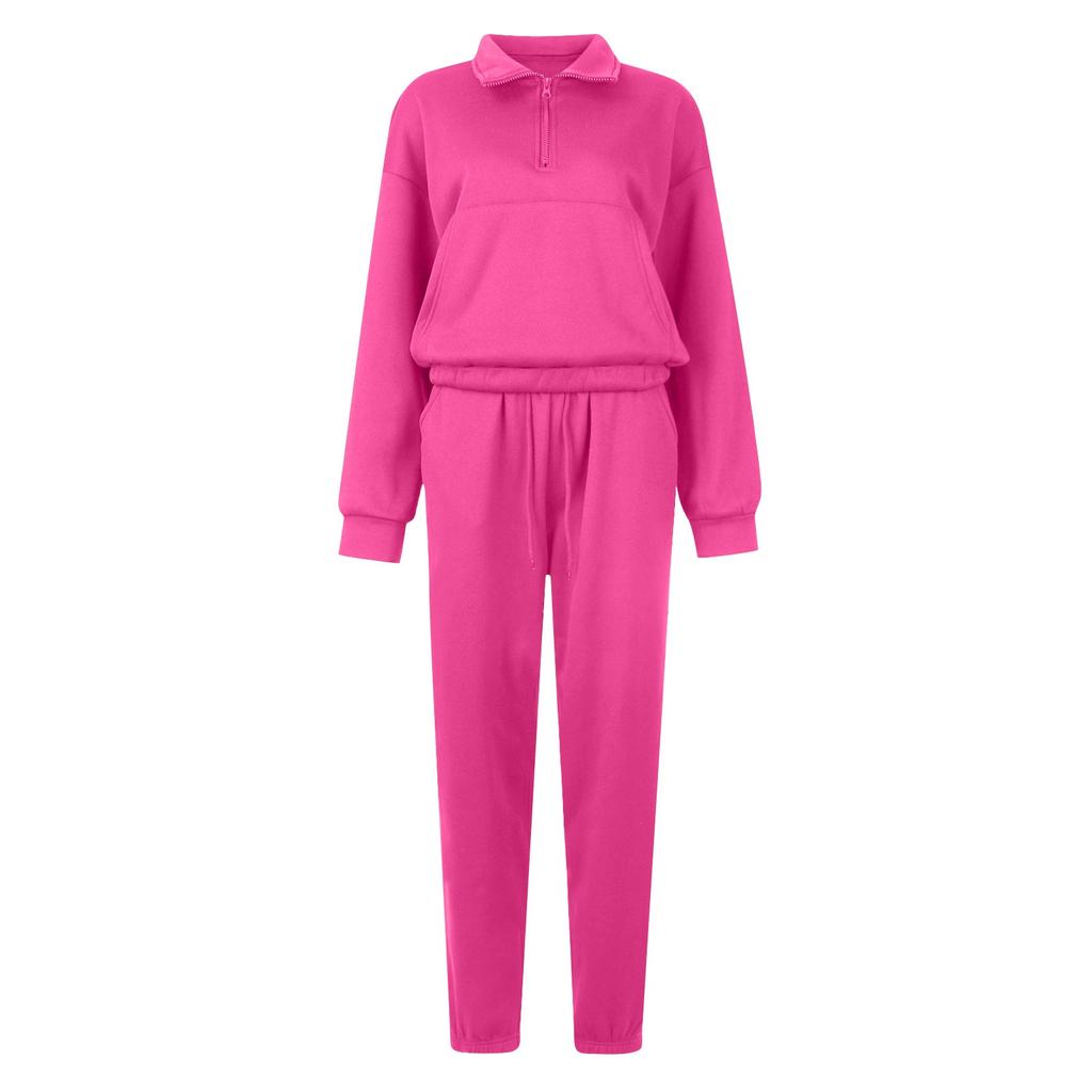 Women's Solid Color Fashion Long Sleeve Zipper Pocket Top Loose Casual Wide Leg Pants Suit