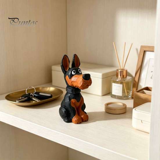 Solid Wood Dog Figurine Doberman Wooden Ornament, Hand Carved Creative Sculpture, Cute Handcrafted Statue for Home Shelf And Entryway Craft