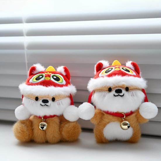 Plush Pendant Lion Dance Dog Keychain Soft Plush Doll Ornament with Hat And Bell Pendant