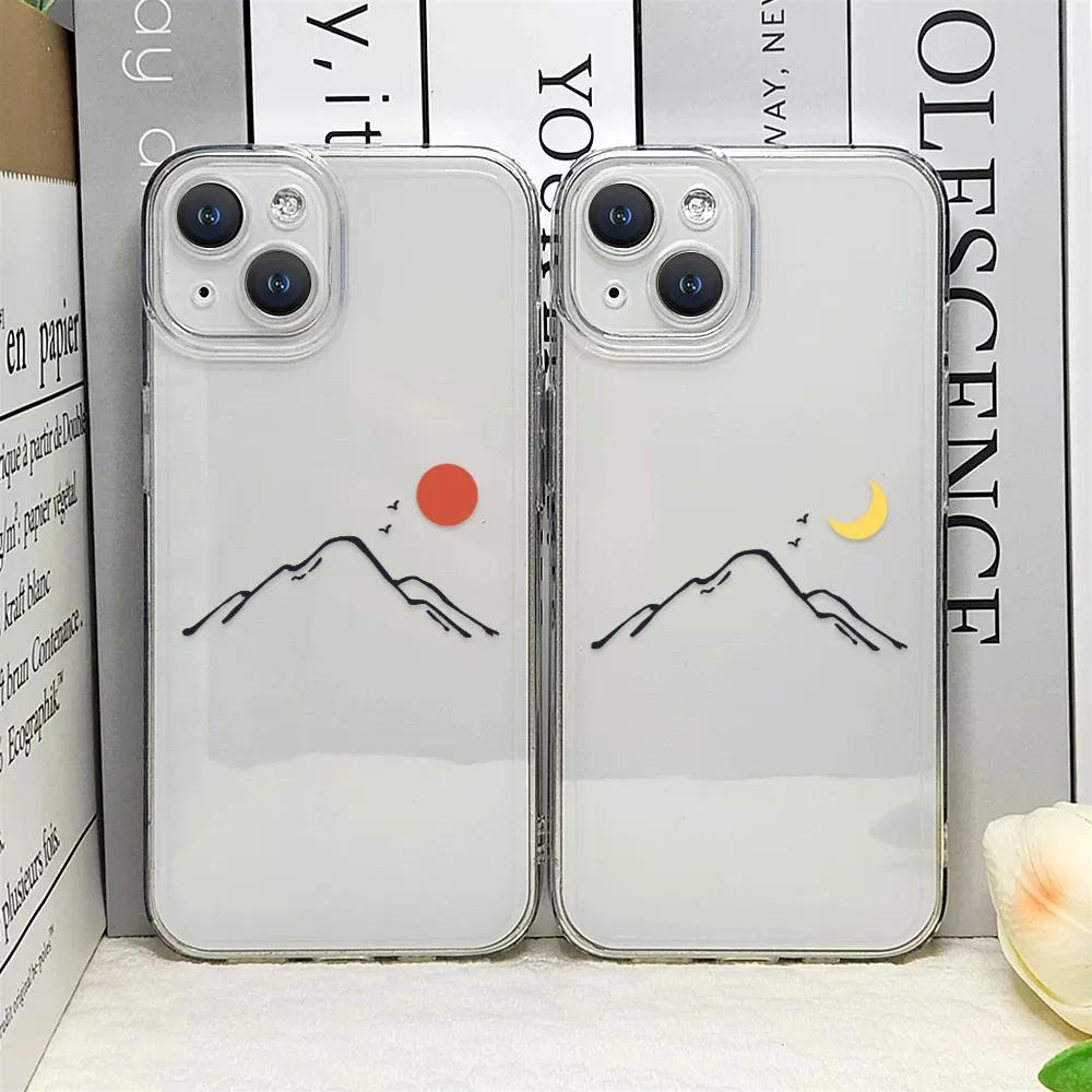 Line Mountain Scenery Phone Case for IPhone 16 Pro Max 11 12 13 Mini XS MAX X 7 8 14 15 Plus Cases Simple Sun Moon Couples Cover
